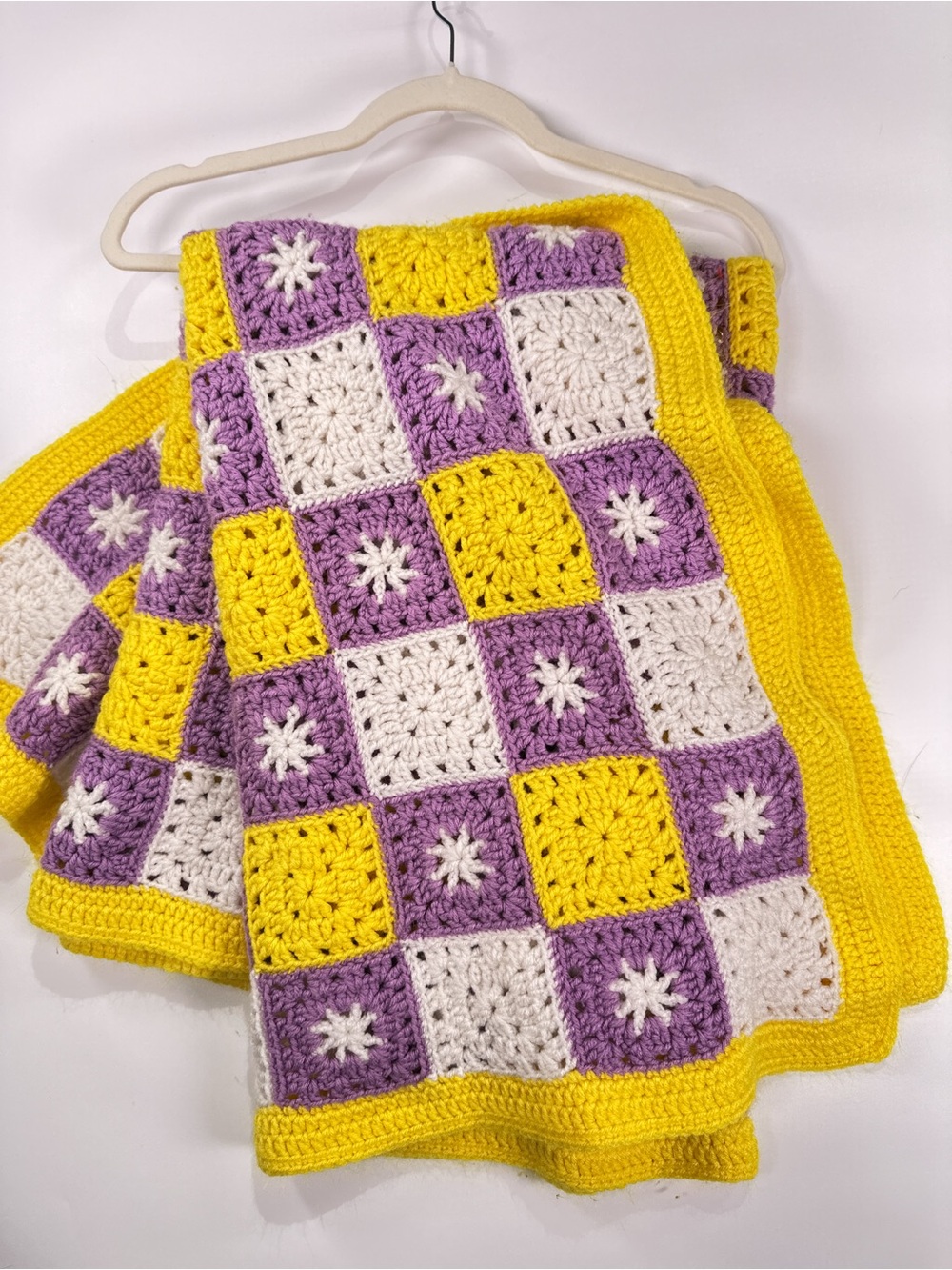 Handmade Vintage Granny Square Crochet Checkerboard Throw Purple Yellow 28x40 - Picture 5 of 9
